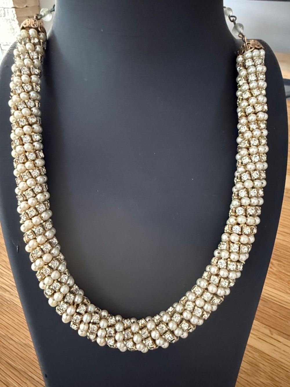 VTG Designer Pearl & Rhinestone Tubular Choker Necklace w/ Moonstone Type Chain